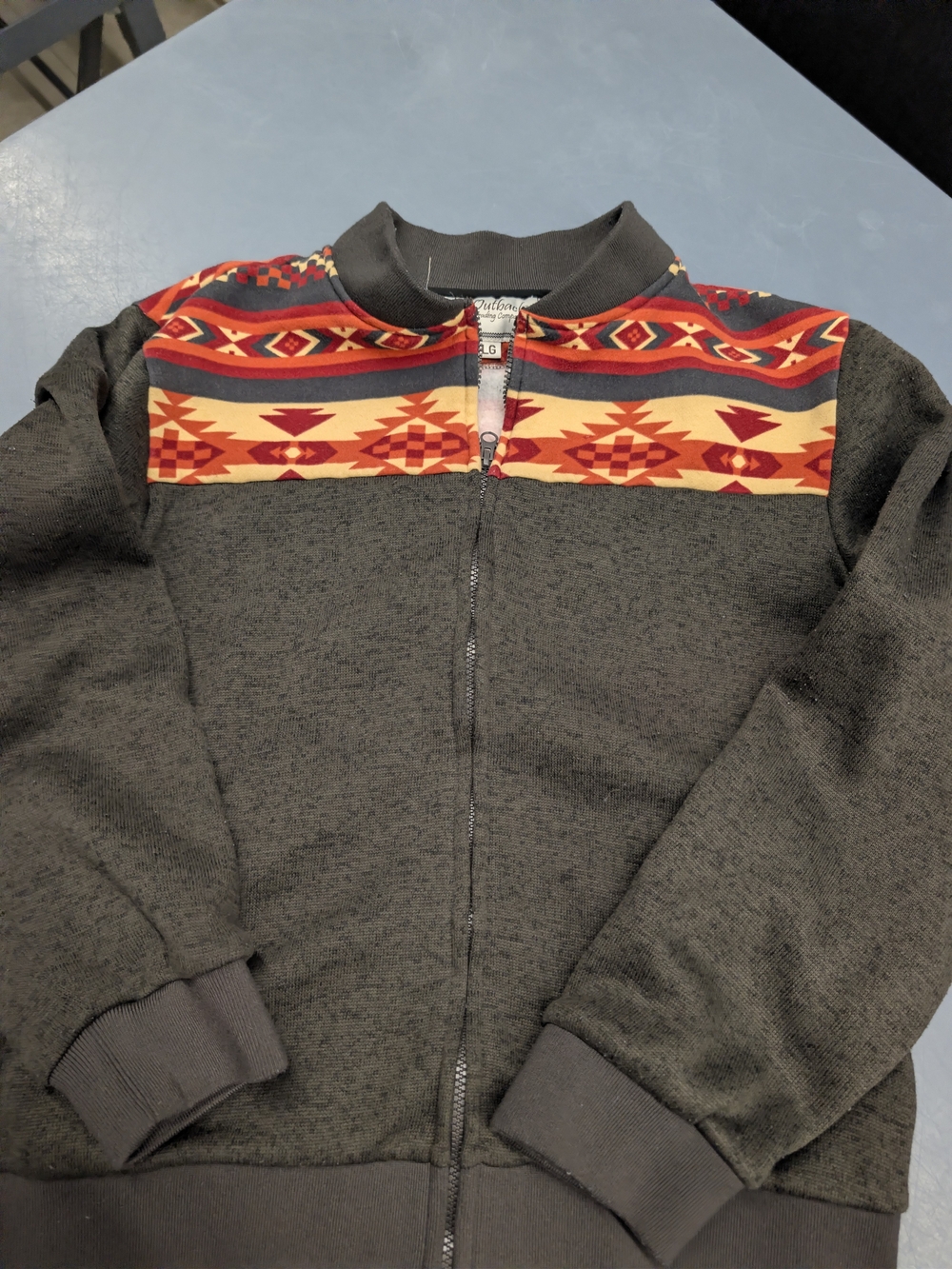 Men's Charcoal Zip-Up Sweater with Red & Yellow Aztec Yoke